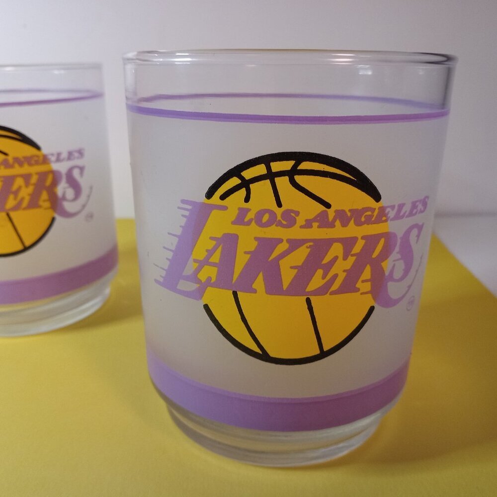 Set of 2 Vintage Los Angeles Lakers Frosted Glasses Mobil ROCKS GLASSES - Picture 7 of 8